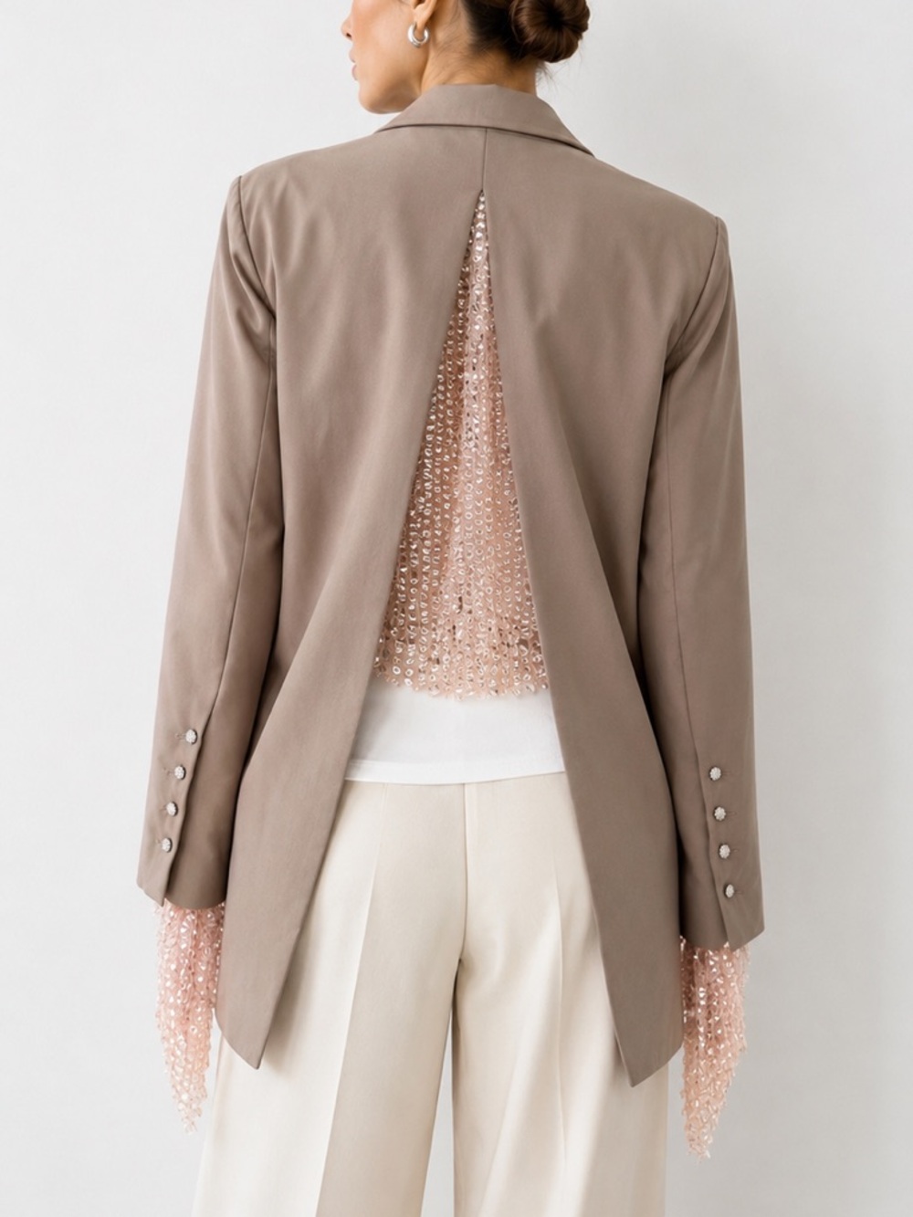 CARIÉDO Embellished Open Back Blazer Taupe Pink Sequin Sleeve Jacket Vintage